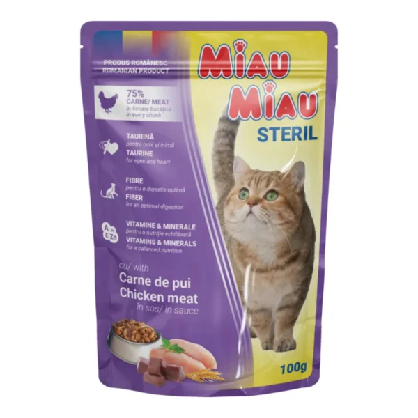 Hrana umeda pisica sterilizata Miau Miau, Pui, 100g